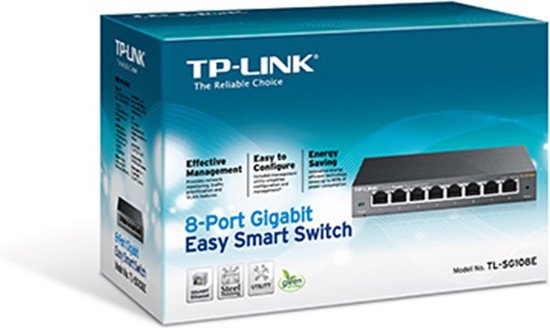 Doos met een TP-Link 8-poorts Gigabit Easy Smart Switch. Zwart apparaat met 8 poorten op de voorkant.