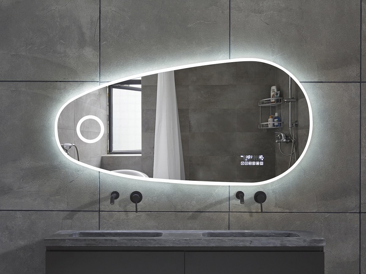 Mawialux LED Badkamerspiegel - Bluetooth en speakers - 119x59cm - Asymmetrisch - Verwarming - Touchscreen - Dimbaar - Ana PLUS