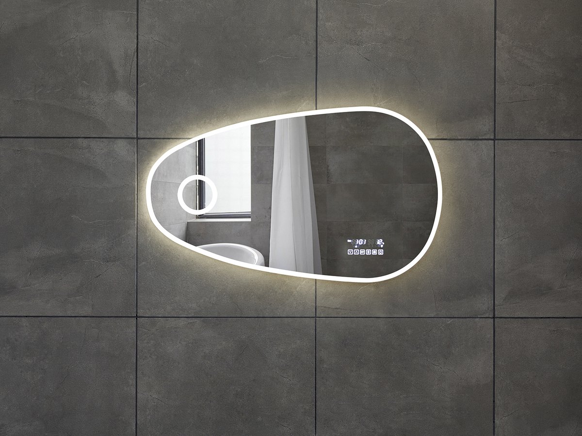 Mawialux LED Badkamerspiegel - Bluetooth en speakers - 100x59cm - Asymmetrisch - Verwarming - Touchscreen - Dimbaar - Ana PLUS