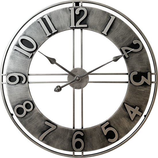 LW Collection horloge murale Becka gris argent 60cm - grande horloge industrielle mouvement silencieux - Horloge murale grise moderne - Industrielle - Vintage