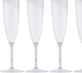 Decorline - 48 x Meervoudig gebruik kunststof champagneglazen van Glitter Zilver steelglazen Plastic Champagne Fluit voor Bruiloften, Feesten & Party, 170ml - Set van 48 - Glitter Zilver