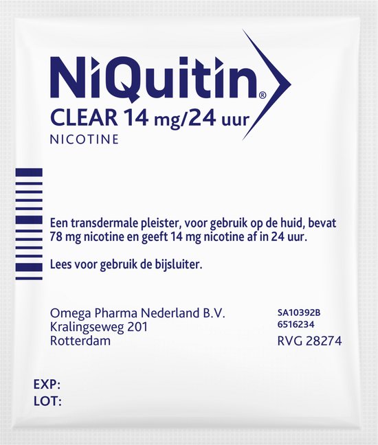 NiQuitin Clear Pleister Stap 2 - 14 mg/24 uur - Nicotinepleister - Stoppen met roken - 7 stuks