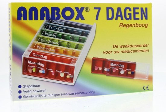 Emballage de la boîte à pilules Anabox 7 jours, édition arc-en-ciel. Avec image de la boîte et un tiroir séparé.