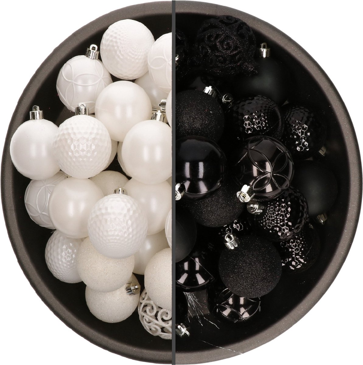 Bellatio Decorations Kerstballen mix - 74-delig - zwart en wit - 6 cm - kunststof