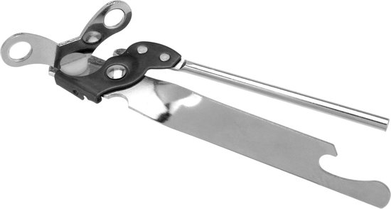 Zilverkleurige blikopener met zwarte details, chroomkleurig handvat en flesopener.