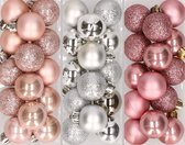 42x Stuks kunststof kerstballen mix zilver/lichtroze/oud roze 3 cm - Kleine kerstballetjes - Kerstboomversiering