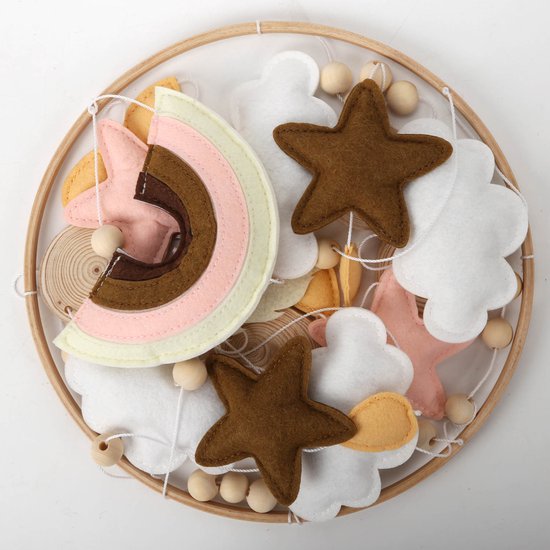 Kersvers - Box mobiel - mobiel baby roze - Baby Mobile - Regenboog Babykamer - Sterretjes - Wolkjes - Vilt - Wieg - Roze - beige - zonder muziekarm - box mobiel meisjes - muziekmobiel — afbeelding 2