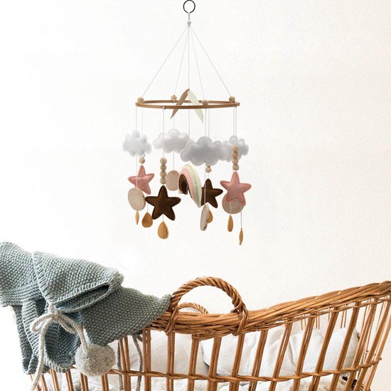 Kersvers - Box mobiel - mobiel baby roze - Baby Mobile - Regenboog Babykamer - Sterretjes - Wolkjes - Vilt - Wieg - Roze - beige - zonder muziekarm - box mobiel meisjes - muziekmobiel — afbeelding 4