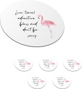 Onderzetters voor glazen - Rond - Live, travel, adventure, bless and don't be sorry - Quotes - Spreuken - Flamingo - 10x10 cm - Glasonderzetters - 6 stuks