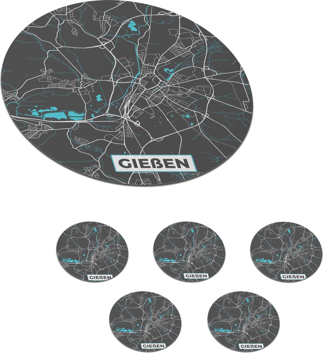 Onderzetters voor glazen - Rond - Kaart – Plattegrond – Stadskaart – Gießen – Duitsland – Blauw - 10x10 cm - Glasonderzetters - 6 stuks