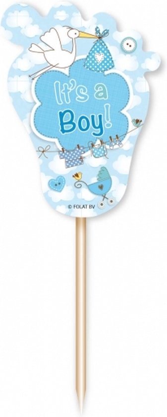 Voetvormige cocktailprikker met tekst 'It's a Boy!', ooievaar, babykleertjes aan een waslijn en een kinderwagen in pastelblauw.