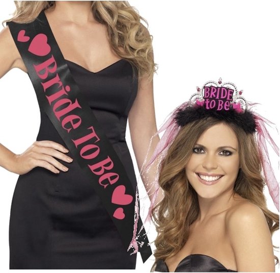 Set zwarte Bride to Be vrijgezellenfeest sjerp en tiara met roze sluier