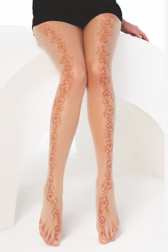 Daymod Fantasie Henna Bloemen Panty - Luxe Fantasie Dames Panty - 15 Denier - NATURAL - Maat S