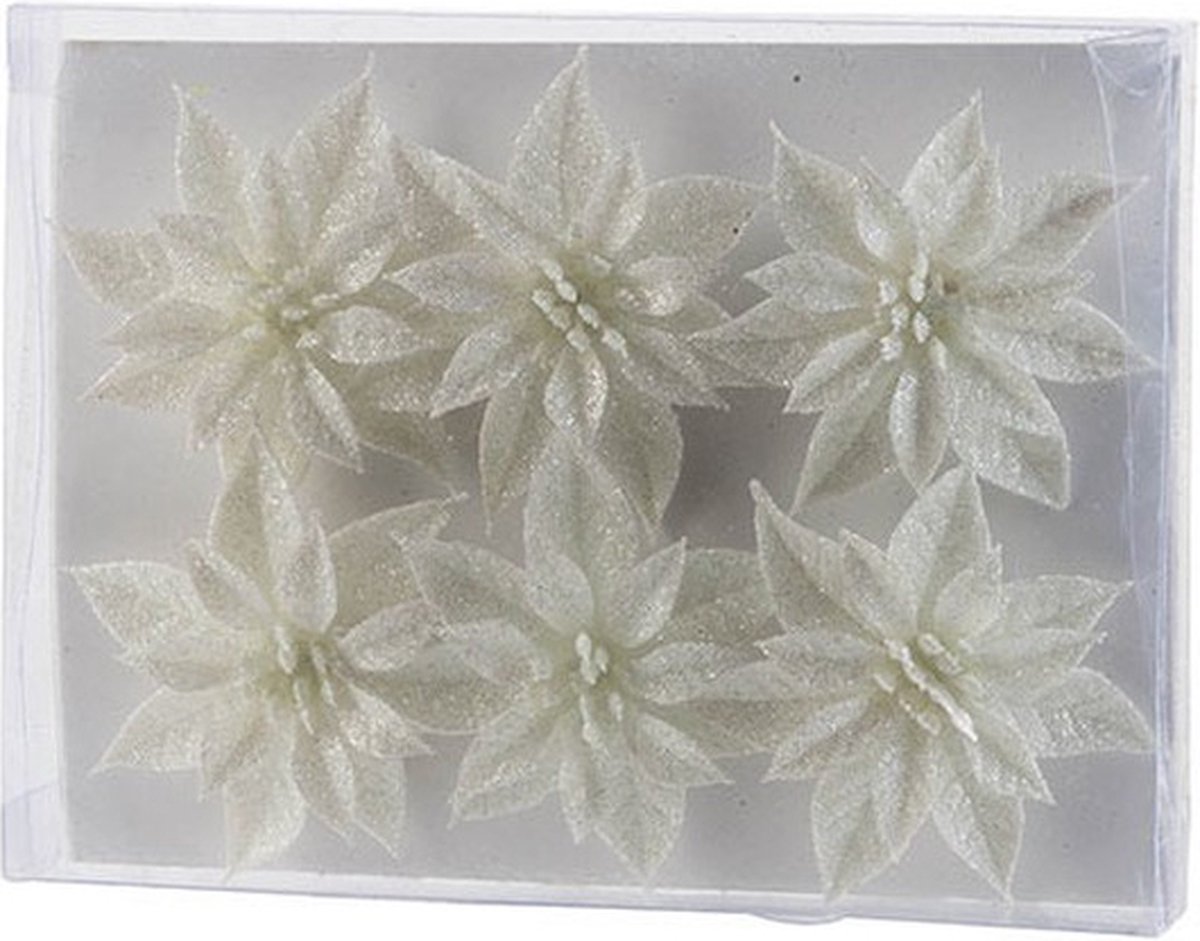 Cosy & Trendy Bloemen op clip - 6x st - wit - glitter - 8 cm - kerstversiering - kerstbloemen