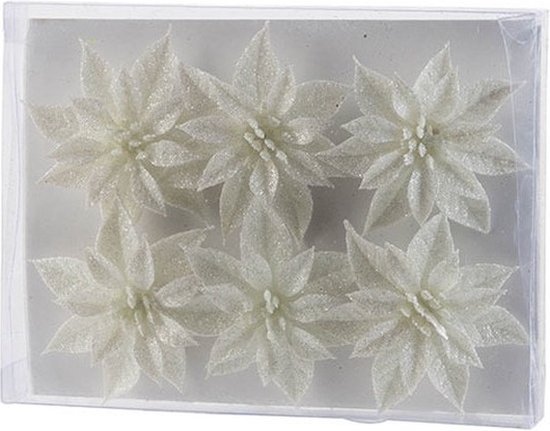 6x Kerstboomversiering witte glitter bloemen op ijzerdraad - kerstboom decoratie - | bol.com