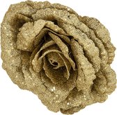 1x stuks decoratie bloemen roos goud glitterÂ op clip 18 cm - Decoratiebloemen/kerstboomversiering/kerstversiering