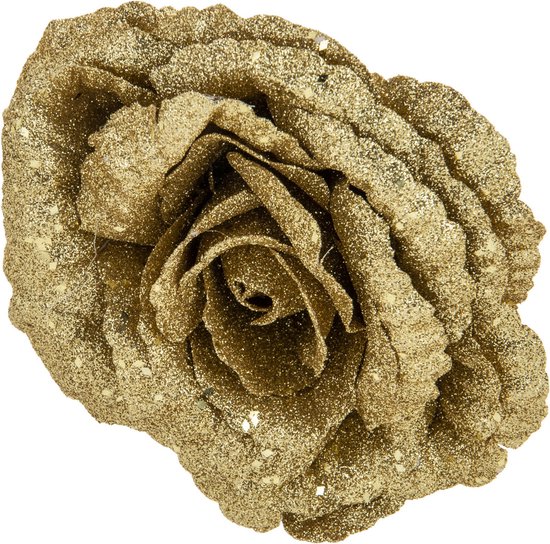 1x stuks decoratie bloemen roos goud glitterÂ op clip 18 cm - Decoratiebloemen/kerstboomversiering/kerstversiering