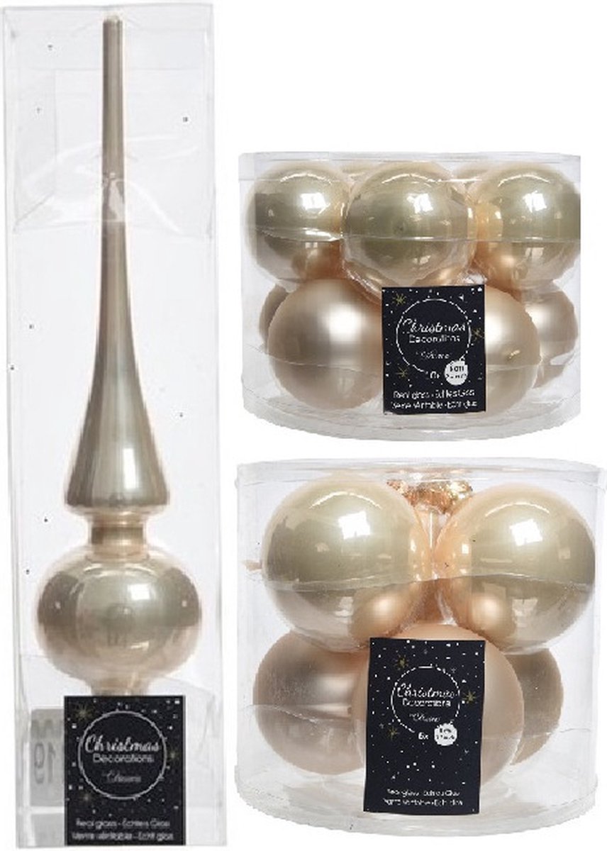 Compleet glazen kerstballen pakket champagne glans/mat 32x stuks met piek glans - 20x 6 cm - 12x 8 cm