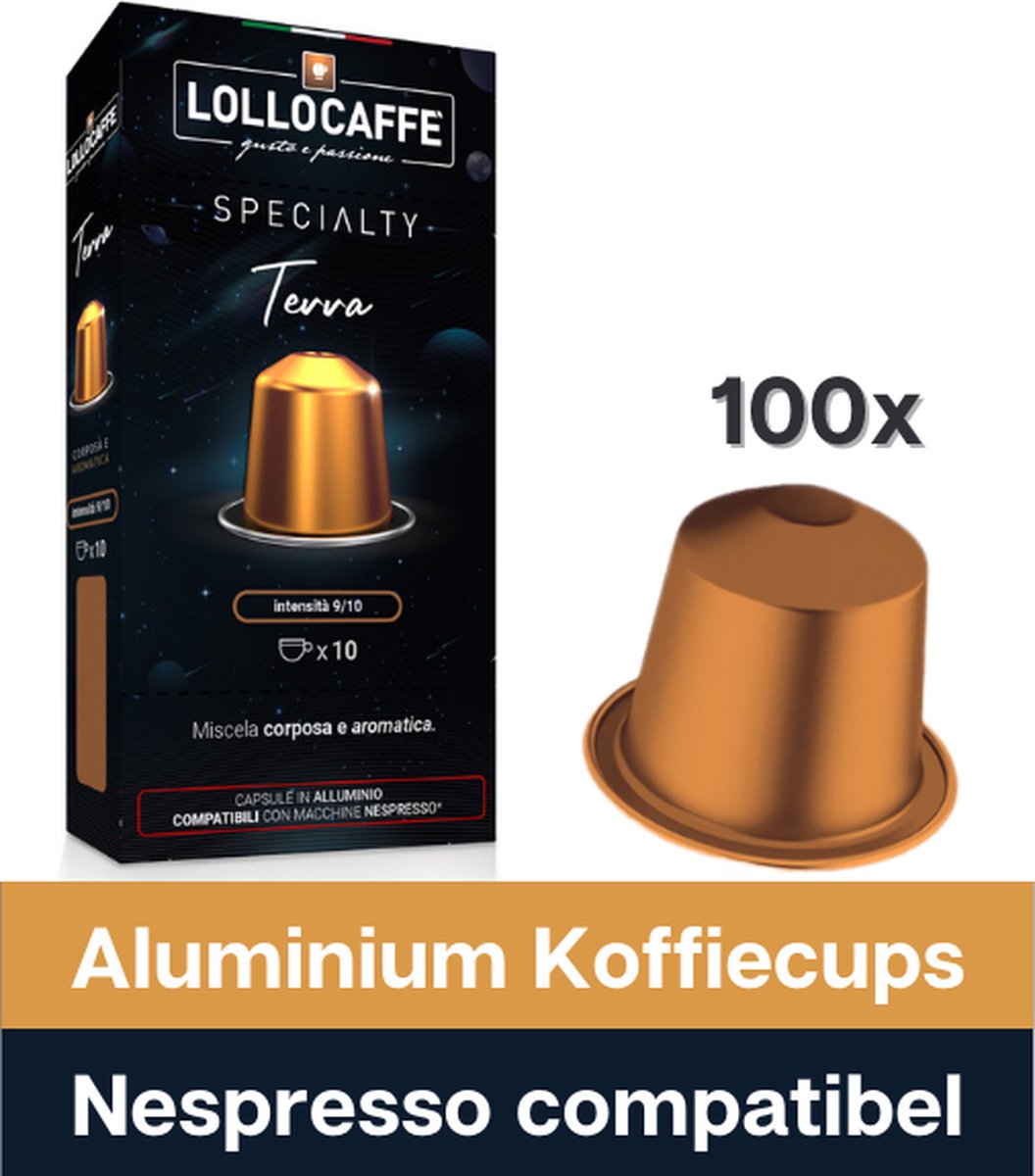 Goedkoopste 100 Nespresso (Aluminium Capsules) compatibel koffiecups - Lollo Speciality Terra - PVC FREE - Italiaanse koffie - voor espresso, cappuccino, ristretto, macchiato - Werkt met Nespresso Inissia, Citiz, Essenza, Pixie koffiezetapparaten enz.
