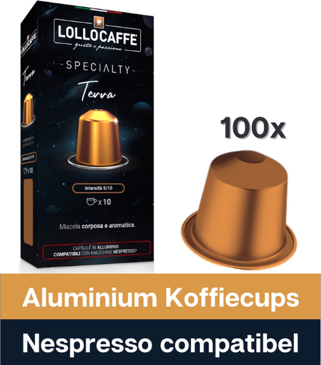 100 Nespresso (Aluminium Capsules) compatibel koffiecups - Lollo Speciality Terra - PVC FREE - Italiaanse koffie - voor espresso, cappuccino, ristretto, macchiato - Werkt met Nespresso Inissia, Citiz, Essenza, Pixie koffiezetapparaten enz.