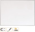 Wit whiteboard met aluminium lijst met pictogrammen voor magnetisch gebruik en twee markers.