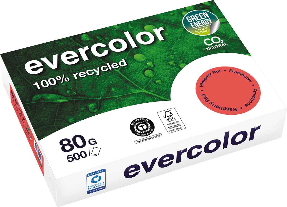 Clairefontaine Evercolor, gekleurd gerecycleerd papier, A4, 80 g, 500 vel, framboos 5 stuks