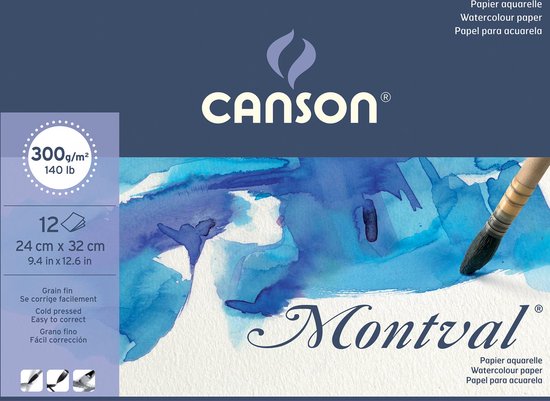 Montval aquarelpapier, wit met fijne korrel 300 g/m², ft 24 x 32 cm, blok met 12 vellen