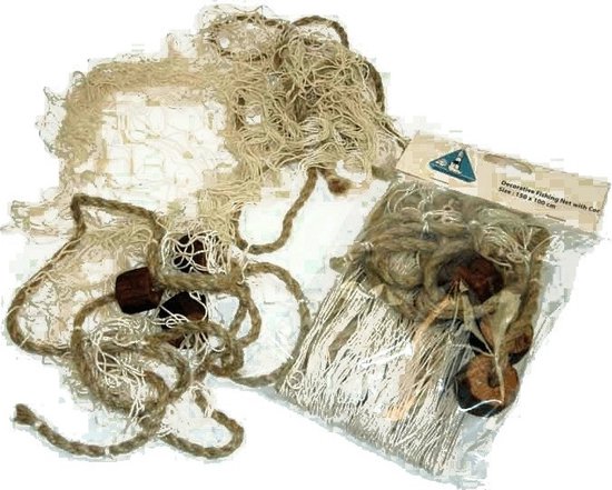 Filet de pêche décoratif en corde beige avec flotteurs en bois et liège, emballé dans du plastique.