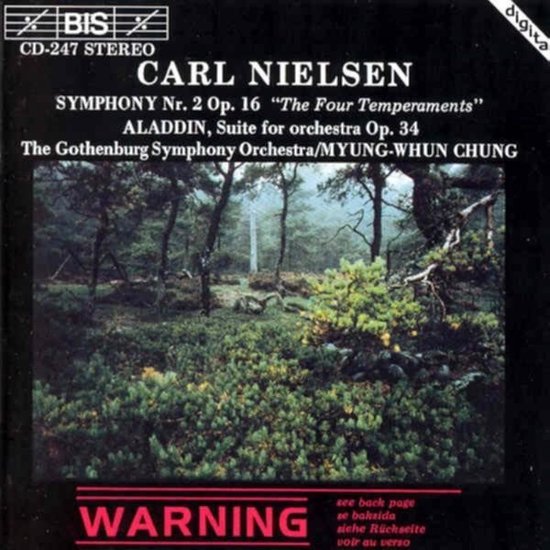 CD-hoes met een boslandschap op de voorgrond, met struiken en bomen. De tekst "CARL NIELSEN SYMPHONY Nr. 2 Op. 16 'The Four Temperaments'" staat bovenaan.