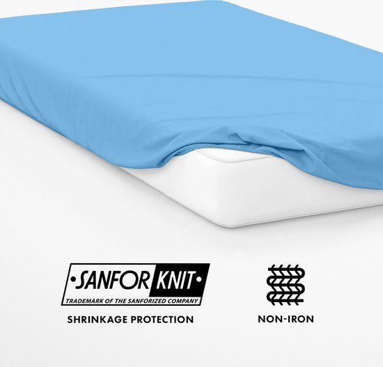 Lichtblauw jersey hoeslaken met elastische band, op een matras. Tekst 'Sanfor Knit' en 'Non-Iron'.