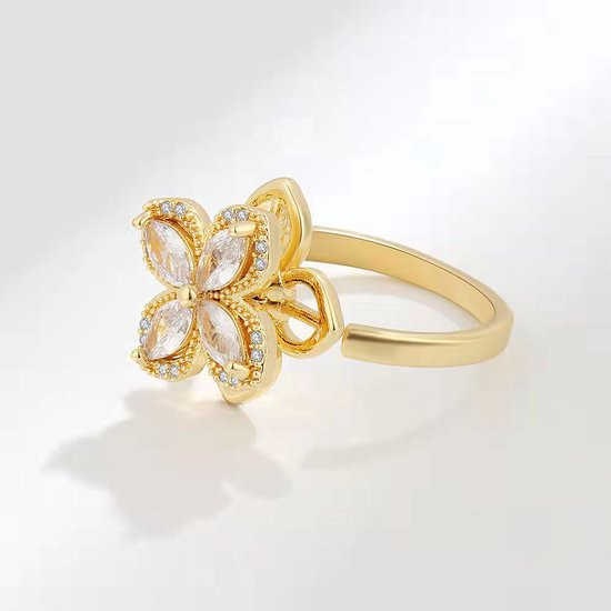 Gading® draaibare ring met bloem- zirkonia wijsvingerring voor dames - goudkleurig staal onesize ring