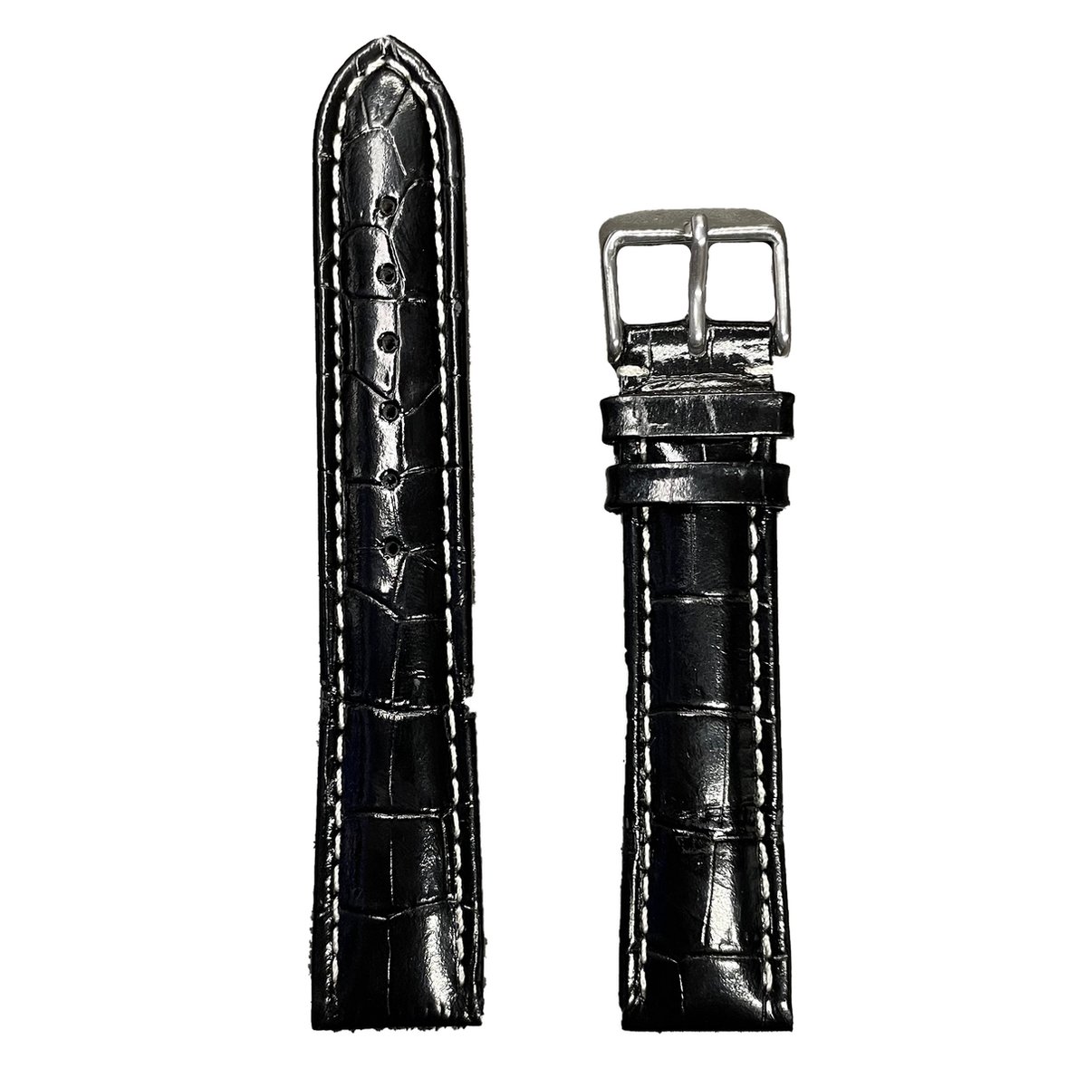 Horlogeband - 20mm - Glans Zwart - Echt leer in croco print - Roestvrijstalen gesp