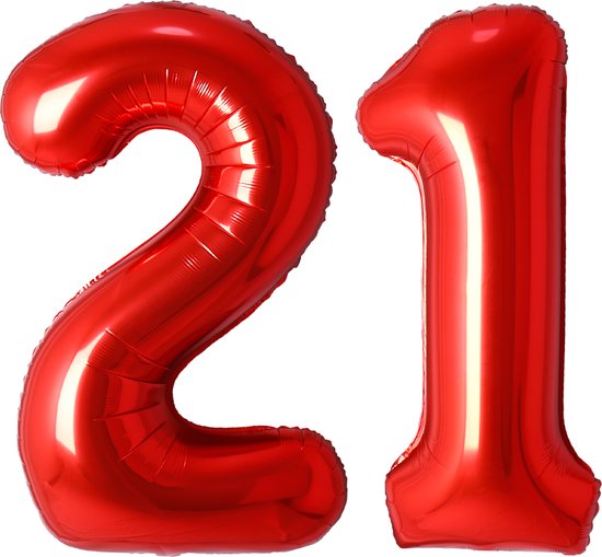 Folie Ballon Cijfer 21 Jaar Rood Verjaardag Versiering Cijfer ballonnen Feest versiering Met Rietje - 36Cm