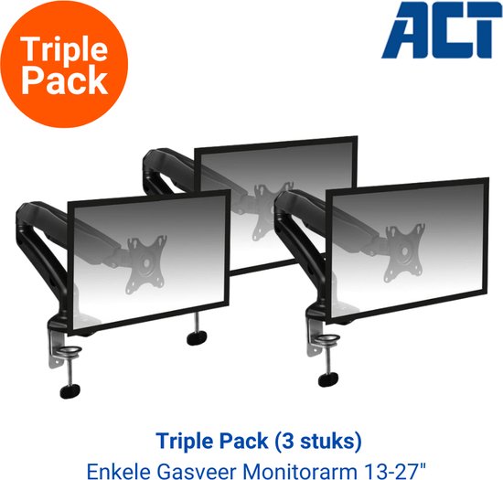 Triple Pack - 3 x AC8311 Enkele Monitor Arm met Gasveer | Monitor beugel voor 1 scherm 13-27 inch | VESA 75x75 - 100x100 | Draai- kantel- en zwenkbaar | incl. USB en audio poorten | Zwart