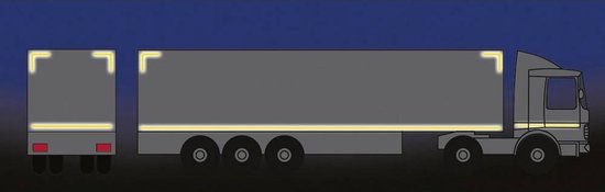 Illustratie van een grijze vrachtwagen met reflecterende gele accenten op de zijkanten en achterkant.