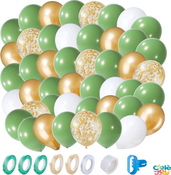 Olijfgroen & Gouden Witte Helium Confetti Ballonnen - Feest decoratie - Verjaardag Versiering - 60 stuks - Olijf Groen - Retro - Ballonnenboom - Ballon knoper - knoop hulpmiddel - Latex