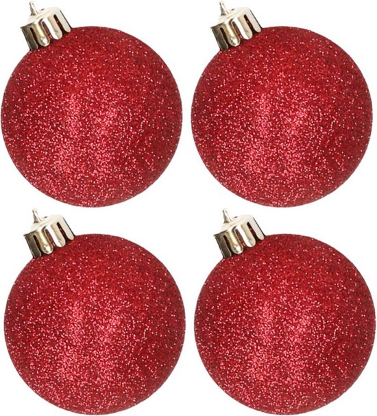 Foto: 4x stuks kunststof glitter kerstballen rood 10 cm onbreekbare plastic kerstballen