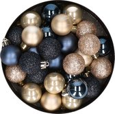 28x stuks kunststof kerstballen parel/champagne en donkerblauw mix 3 cm - Kerstboomversiering