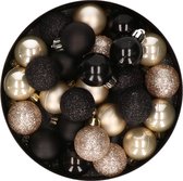 28x stuks kunststof kerstballen parel/champagne en zwart mix 3 cm - Kerstboomversiering