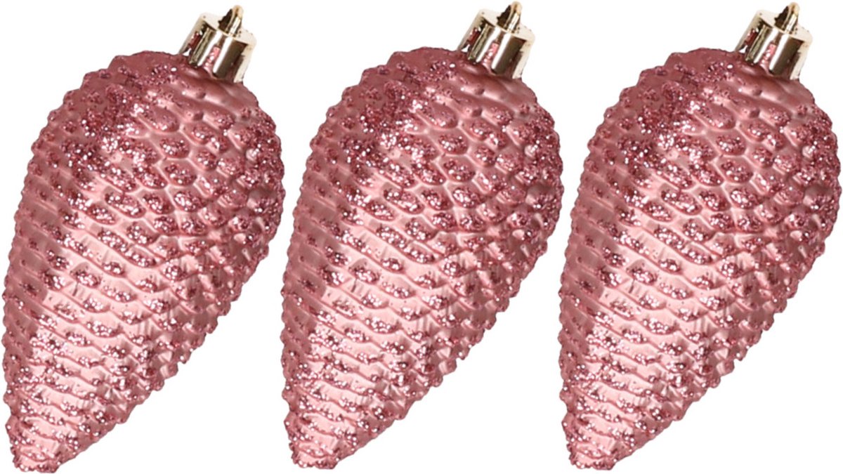 Decoris 6x stuks kunststof dennenappels kersthangers 8 cm oudroze glitter - Kerstboomversiering