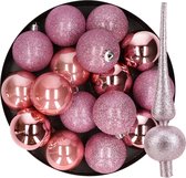 24x stuks kunststof kerstballen 6 cm inclusief glitter piek roze - Kerstversiering