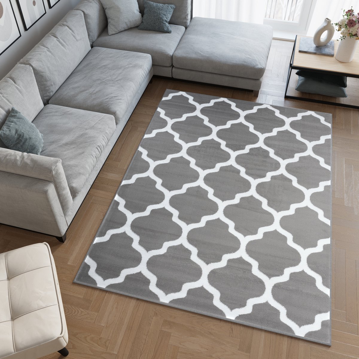Tapiso Luxury Vloerkleed Wit Grijs Trellis Woonkamer Tapijt Maat- 180x250