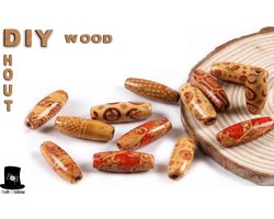 Bob Online ™ - 20 Stuks – Mixed Setje – Lang Bedrukte Houten Kralen 22mm met ca. 2mm gaatje diameter – 20 Pcs Long Printed Wooden Beads 22mm with threading hole diameter ± 2mm – Houten Hobby Kralen – Haarkralen voor Vlechten – Hair Braiding Beads
