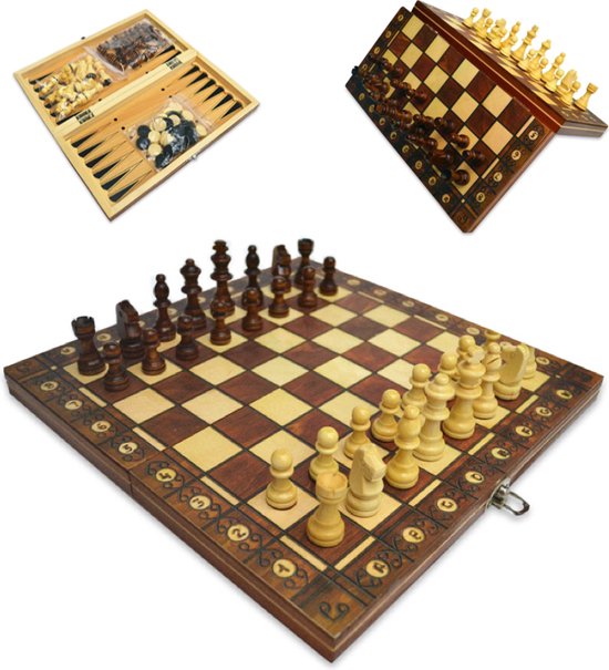 Bordspel: Schaakbord | Dambord | Backgammon | 24 x 24 cm | Schaakspel | Schaakset | Schaken | Dammen | Met Schaakstukken | 3-in-1 Bordspel | Magnetisch | Chess | Hout | Opklapbaar, van het merk Sharp Games