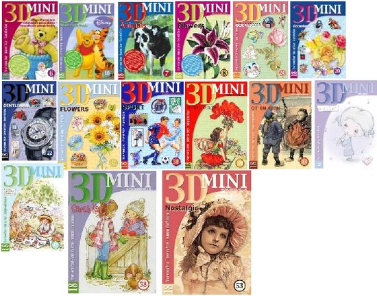 Collectie van 16 miniatuur tijdschriften met diverse illustraties, waaronder Winnie de Poeh, dieren, bloemen en kinderen.