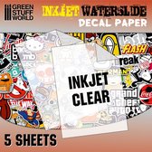 Green Stuff World inkjet waterkrijt decal papier, 5 vellen, met diverse stickers zoals Hello Kitty, Superman en Ghostbusters.