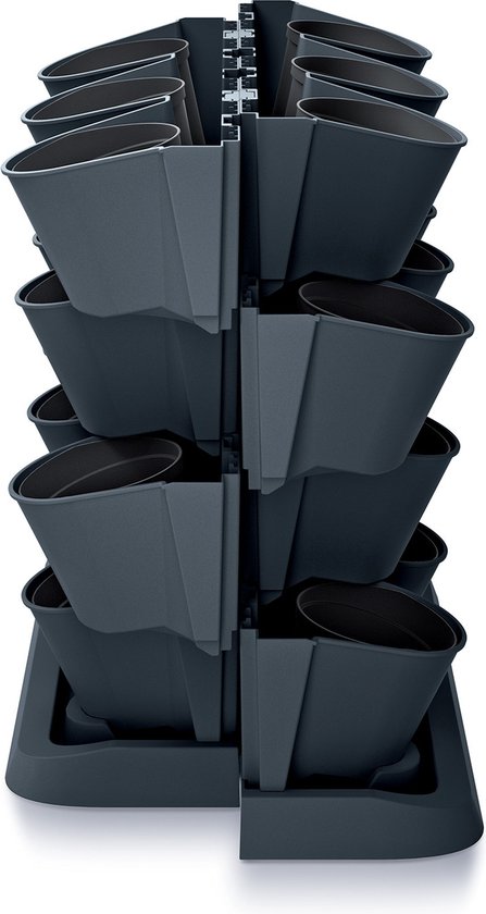 Donkergrijze modulaire verticale tuinpotten, weergegeven als een ronde toren met in totaal 12 potten.