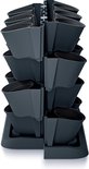 Donkergrijze modulaire verticale tuinpotten, weergegeven als een ronde toren met in totaal 12 potten.