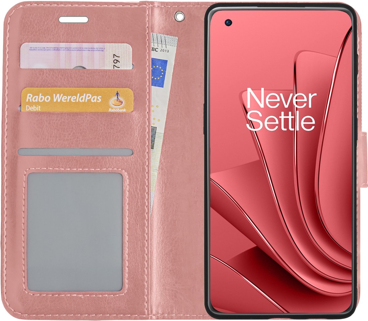Hoesje - Met Pasjeshouder - Geschikt voor OnePlus 10 Pro - Luxe Bookcase Portemonee - Flip Case - Kunstleer Book Case - Flipcase - Book Cover - Walletcase - Portemonneehoes - Rosé goud