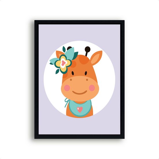 Poster Giraf met bloemetje - Paars / Jungle / Safari / 30x21cm